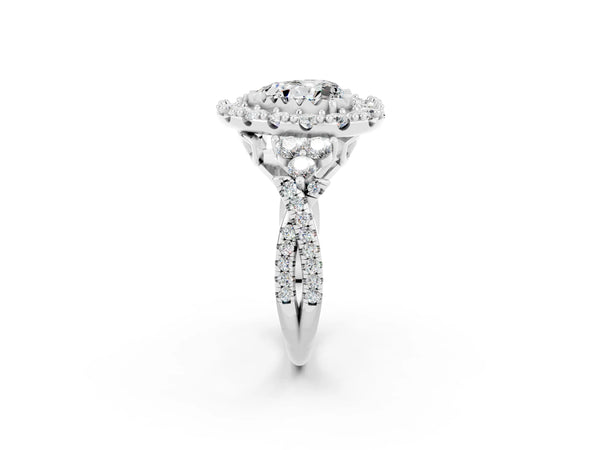Silver Heart Cut Moissanite Halo Ring with Pavé Band and Four-Prong Setting
