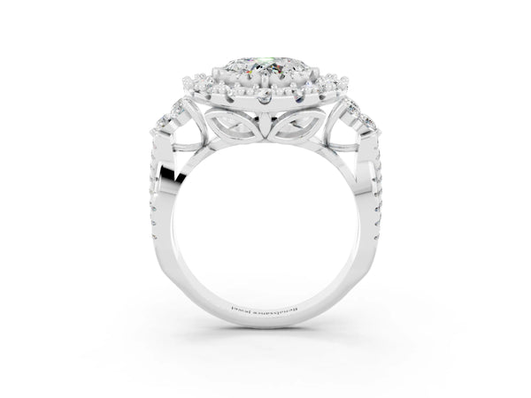 Platinum Heart Cut Moissanite Halo Ring with Pavé Band and Four-Prong Setting