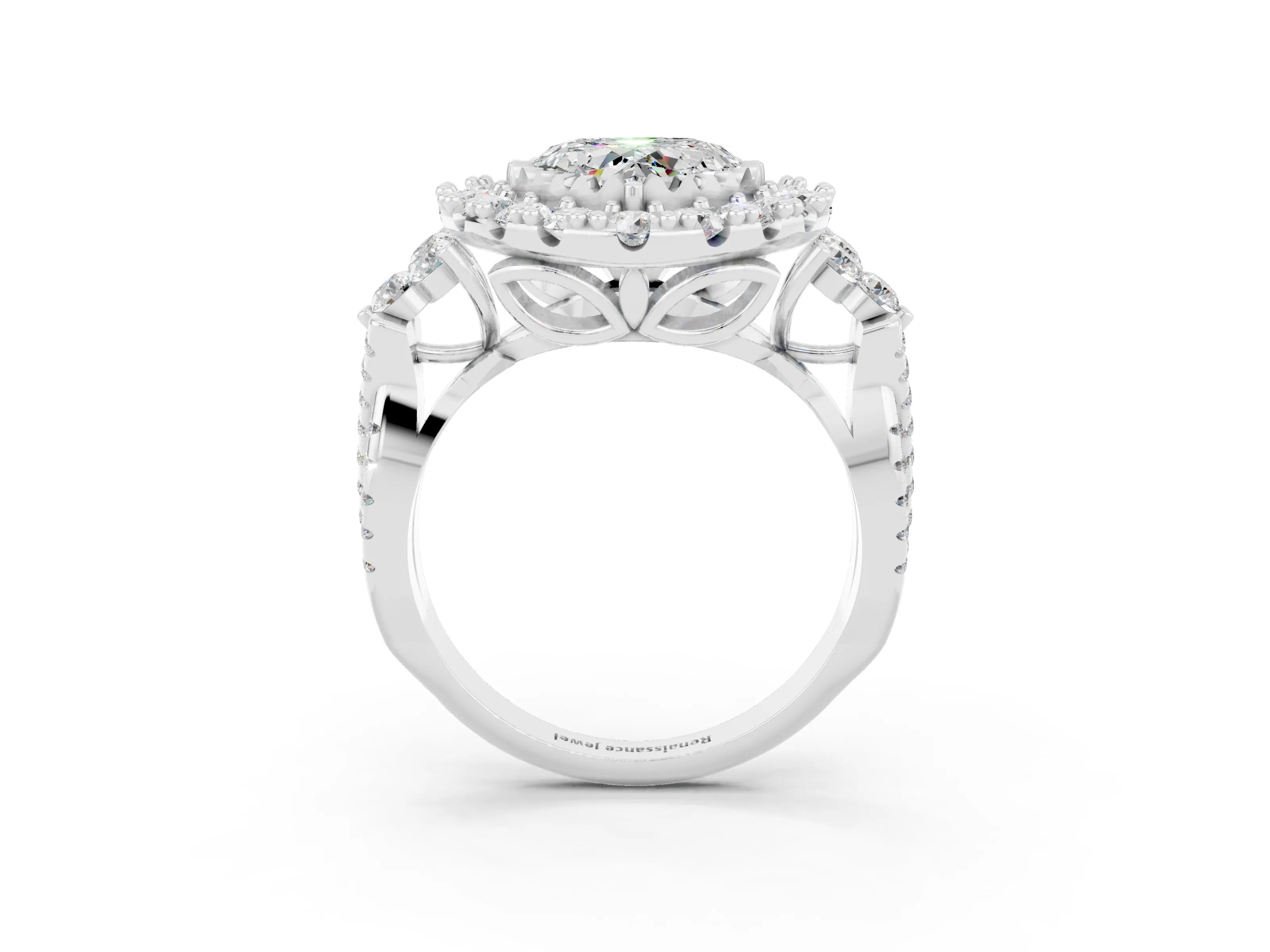 White gold Heart Cut Moissanite Halo Ring with Pavé Band and Four-Prong Setting_15