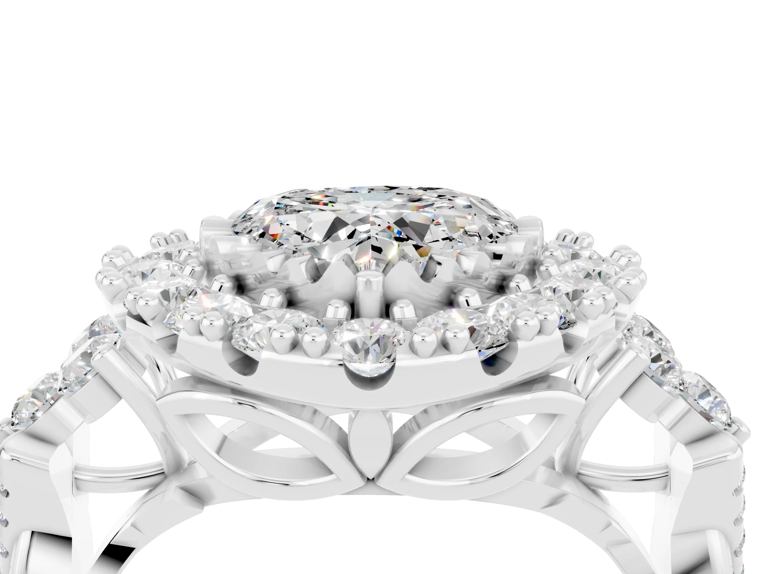 White gold Heart Cut Moissanite Halo Ring with Pavé Band and Four-Prong Setting_16