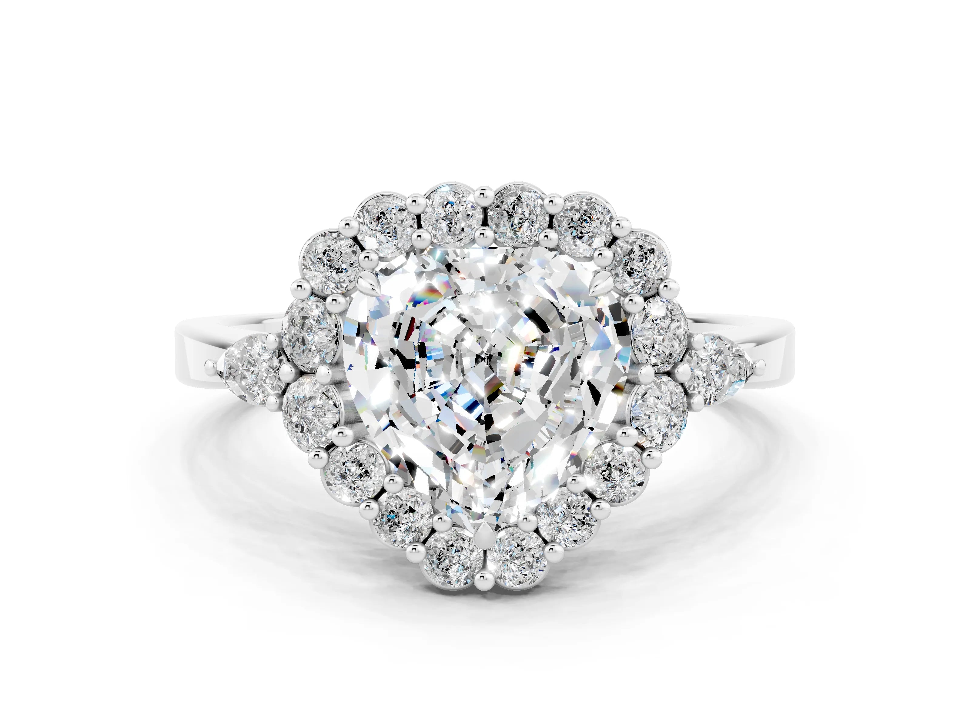 White gold Heart Cut Moissanite Halo Ring with Pear Side Stones and Prong Setting_24