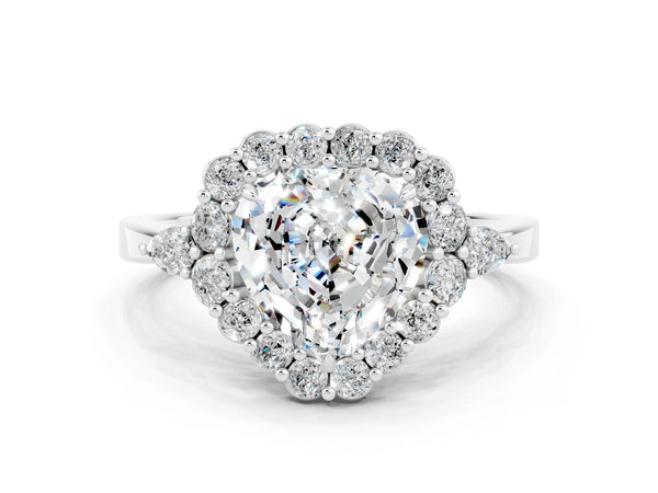 Platinum Heart Cut Moissanite Halo Ring with Pear Side Stones and Prong Setting