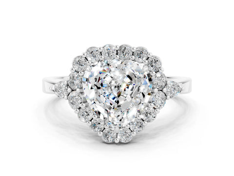 White gold Heart Cut Moissanite Halo Ring with Pear Side Stones and Prong Setting_24