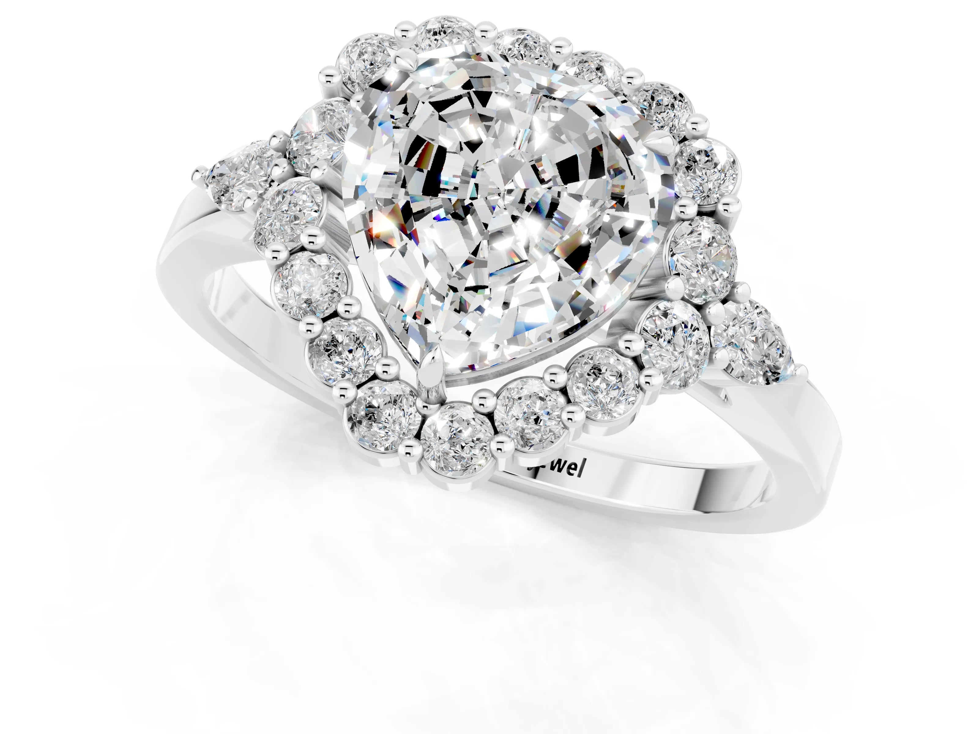 White gold Heart Cut Moissanite Halo Ring with Pear Side Stones and Prong Setting_25