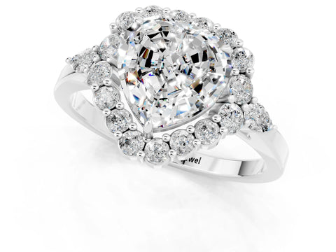White gold Heart Cut Moissanite Halo Ring with Pear Side Stones and Prong Setting_25