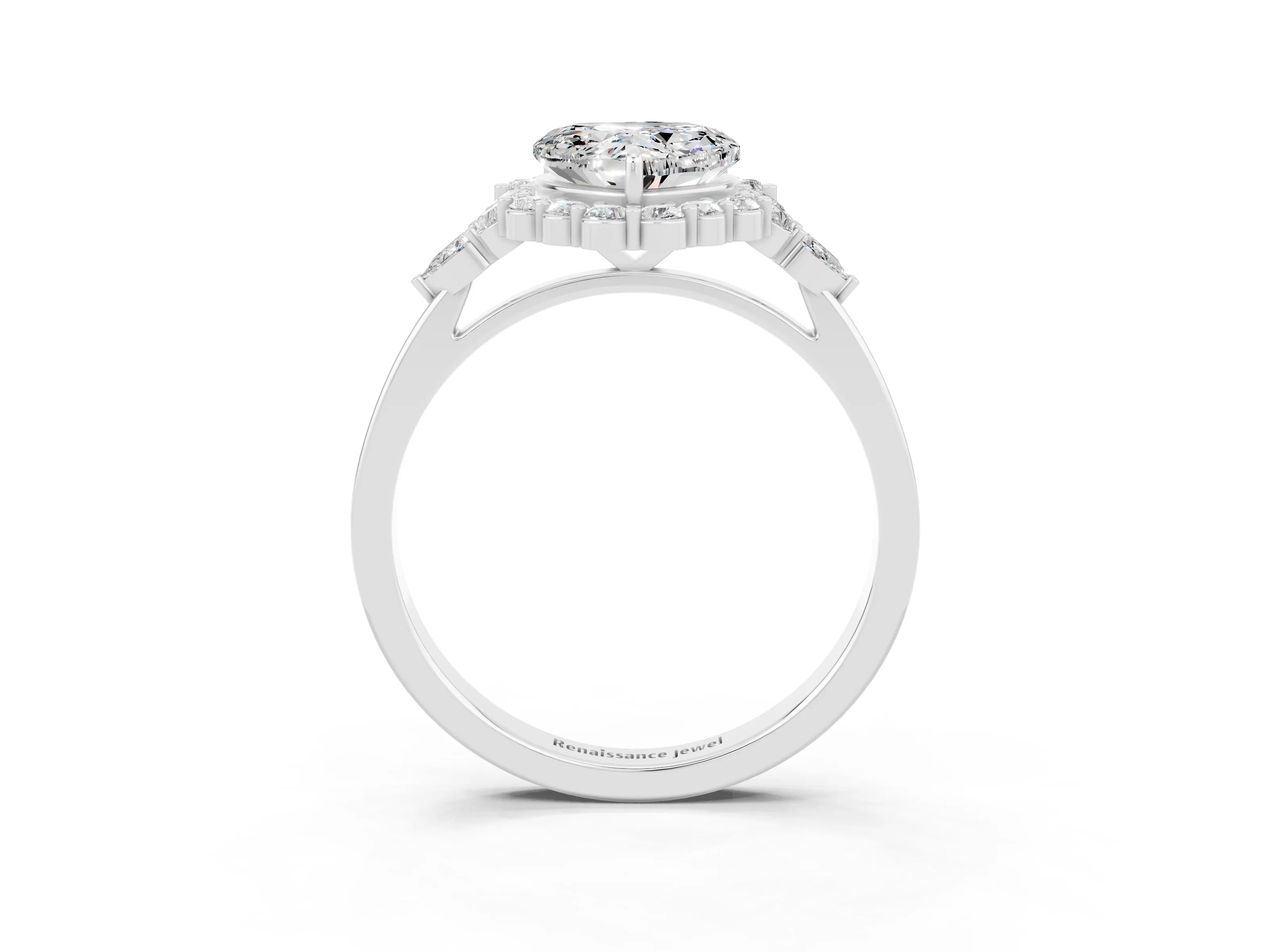 White gold Heart Cut Moissanite Halo Ring with Pear Side Stones and Prong Setting_27