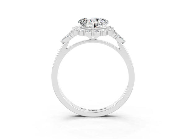 Silver Heart Cut Moissanite Halo Ring with Pear Side Stones and Prong Setting