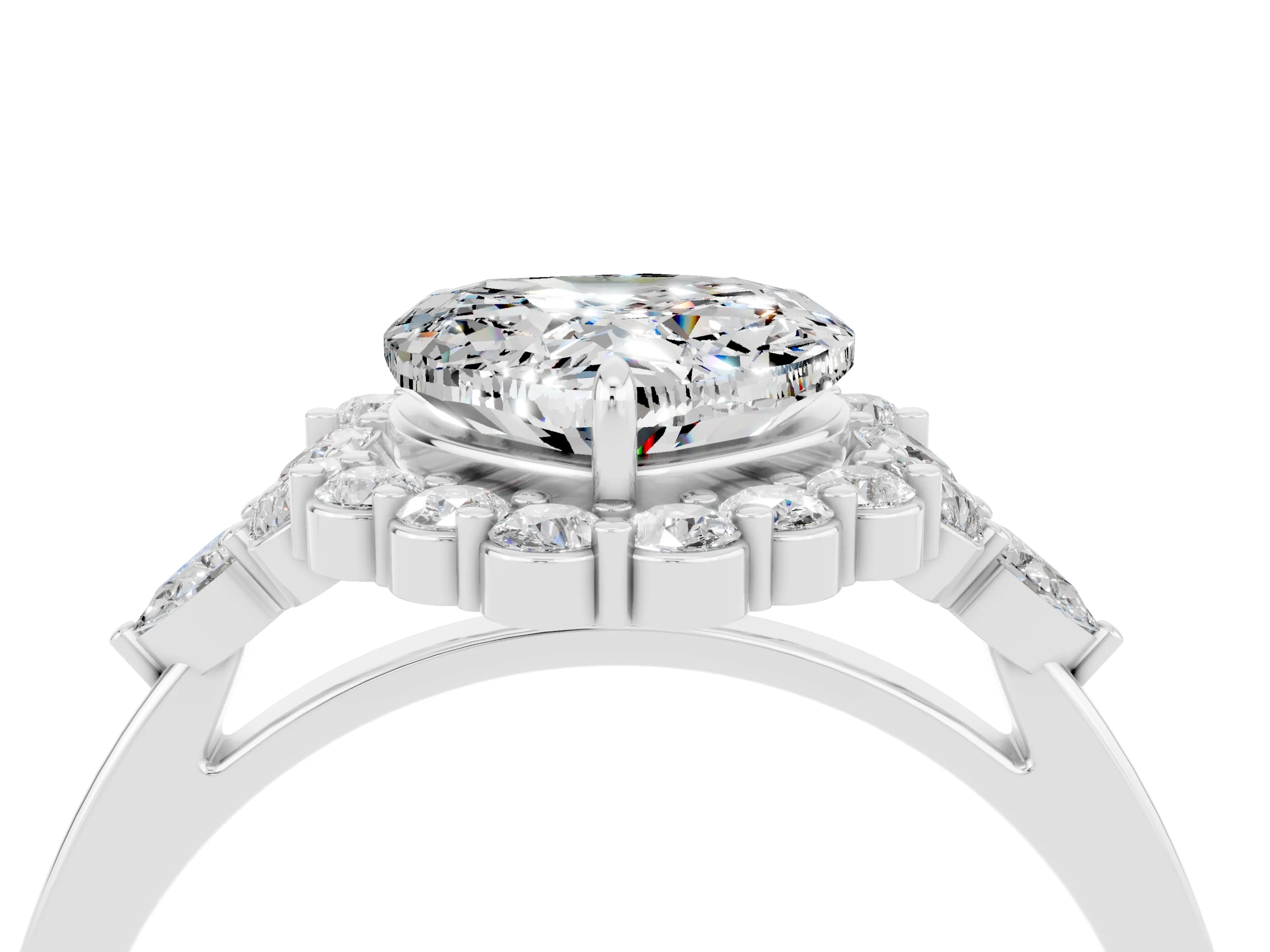 White gold Heart Cut Moissanite Halo Ring with Pear Side Stones and Prong Setting_28