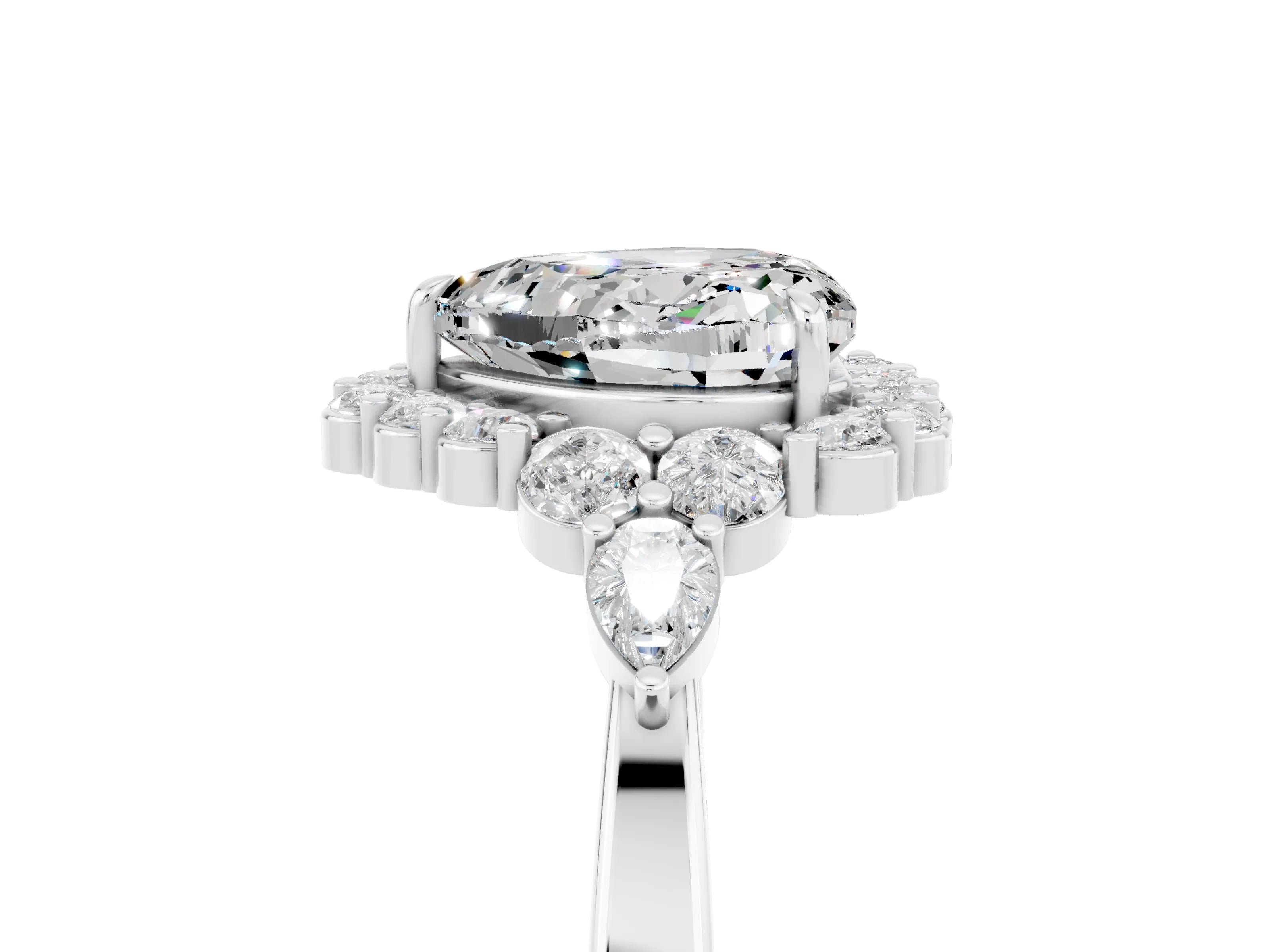 White gold Heart Cut Moissanite Halo Ring with Pear Side Stones and Prong Setting_29