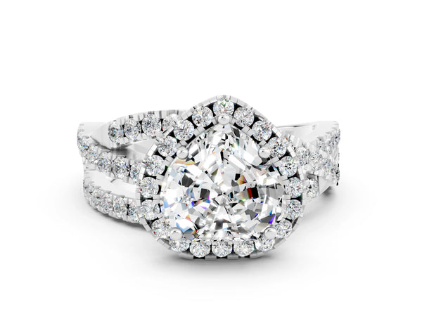 Platinum Heart Cut Moissanite Halo Ring with Round Split Shank and Prong Setting