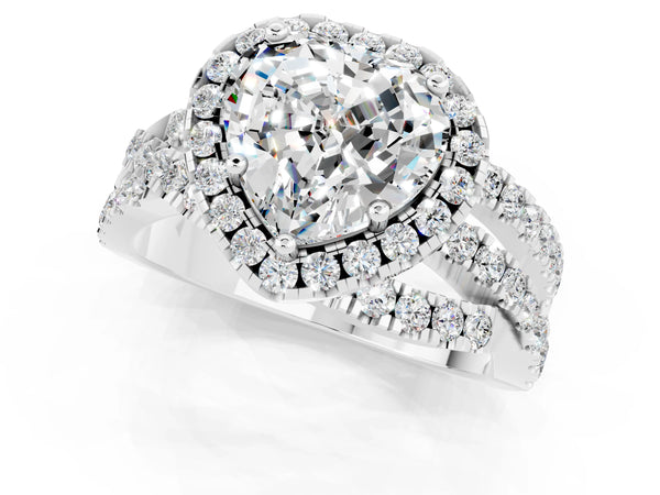 Platinum Heart Cut Moissanite Halo Ring with Round Split Shank and Prong Setting