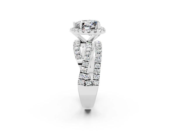 Silver Heart Cut Moissanite Halo Ring with Round Split Shank and Prong Setting