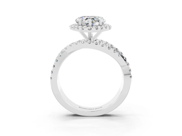 Platinum Heart Cut Moissanite Halo Ring with Round Split Shank and Prong Setting