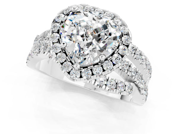 White gold Heart Cut Moissanite Halo Ring with Round Split Shank and Prong Setting