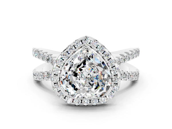Platinum Heart Cut Moissanite Halo Ring with Split Shank Pavé Band and Prong Setting