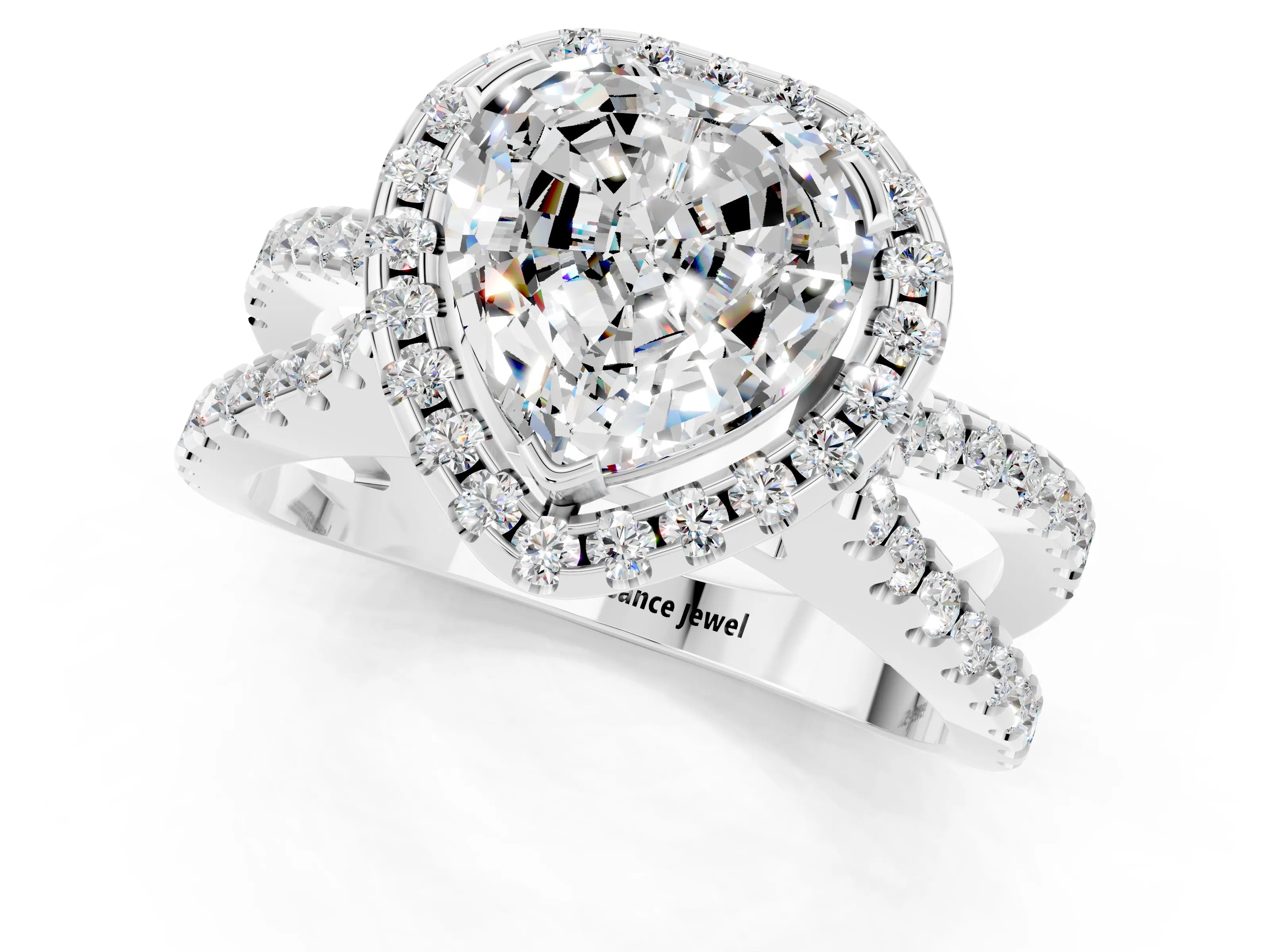 White gold Heart Cut Moissanite Halo Ring with Split Shank Pavé Band and Prong Setting_1