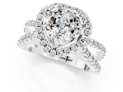 White gold Heart Cut Moissanite Halo Ring with Split Shank Pavé Band and Prong Setting_1
