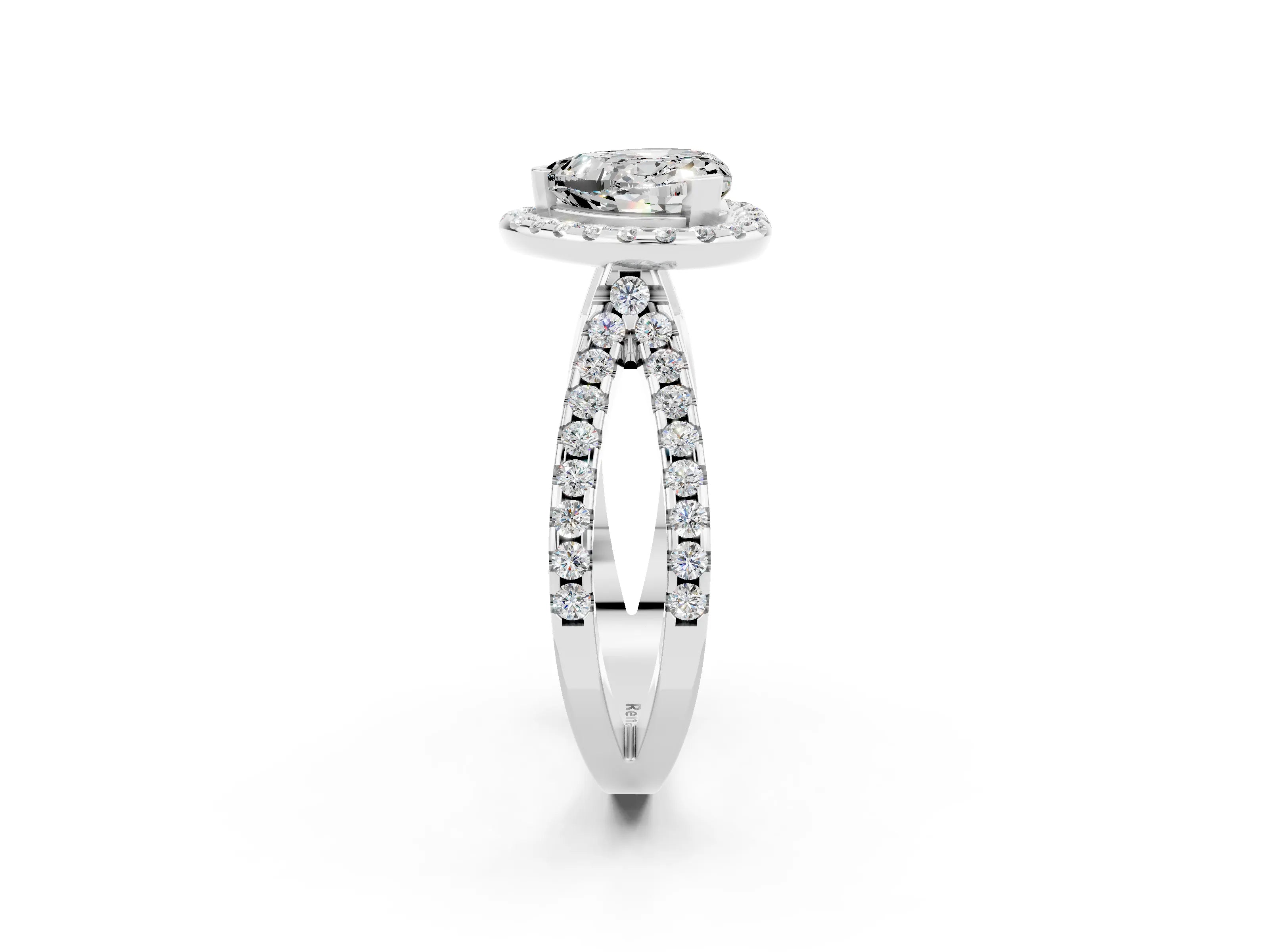 White gold Heart Cut Moissanite Halo Ring with Split Shank Pavé Band and Prong Setting_2