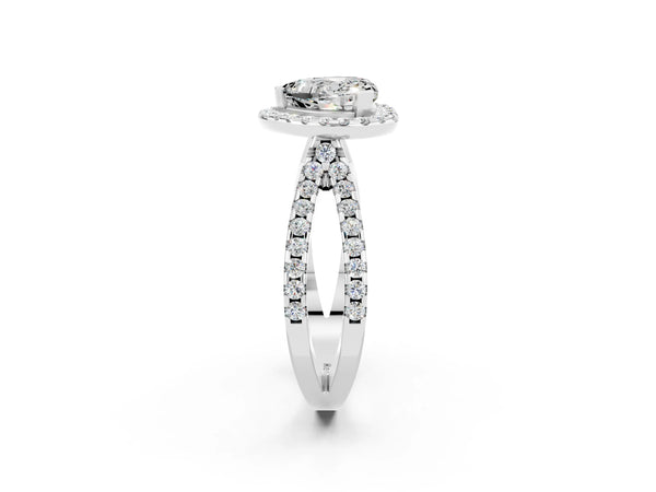 Platinum Heart Cut Moissanite Halo Ring with Split Shank Pavé Band and Prong Setting
