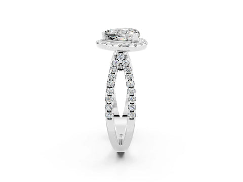 White gold Heart Cut Moissanite Halo Ring with Split Shank Pavé Band and Prong Setting_2