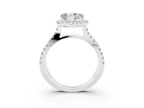 White gold Heart Cut Moissanite Halo Ring with Split Shank Pavé Band and Prong Setting_3