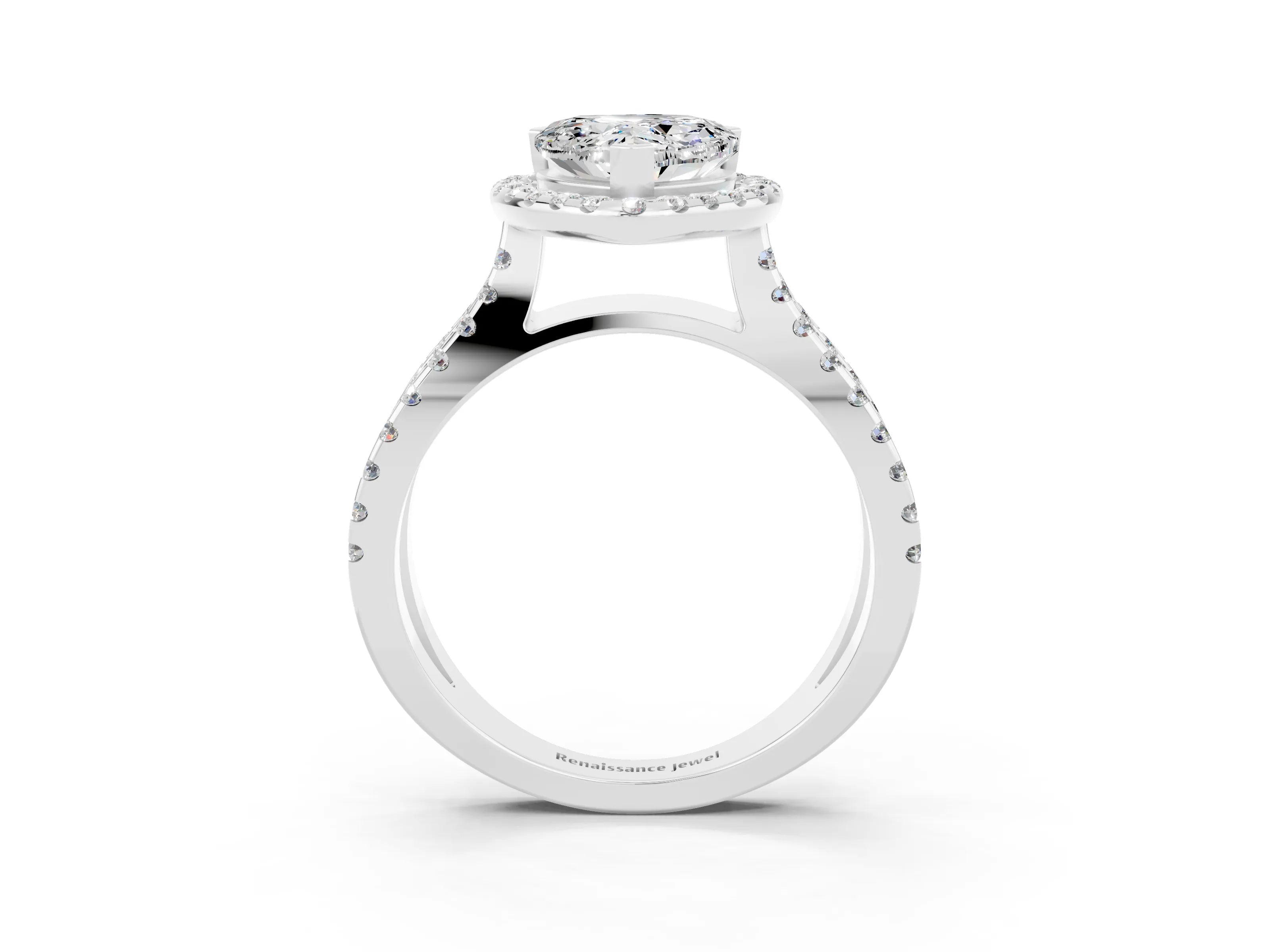 White gold Heart Cut Moissanite Halo Ring with Split Shank Pavé Band and Prong Setting_3