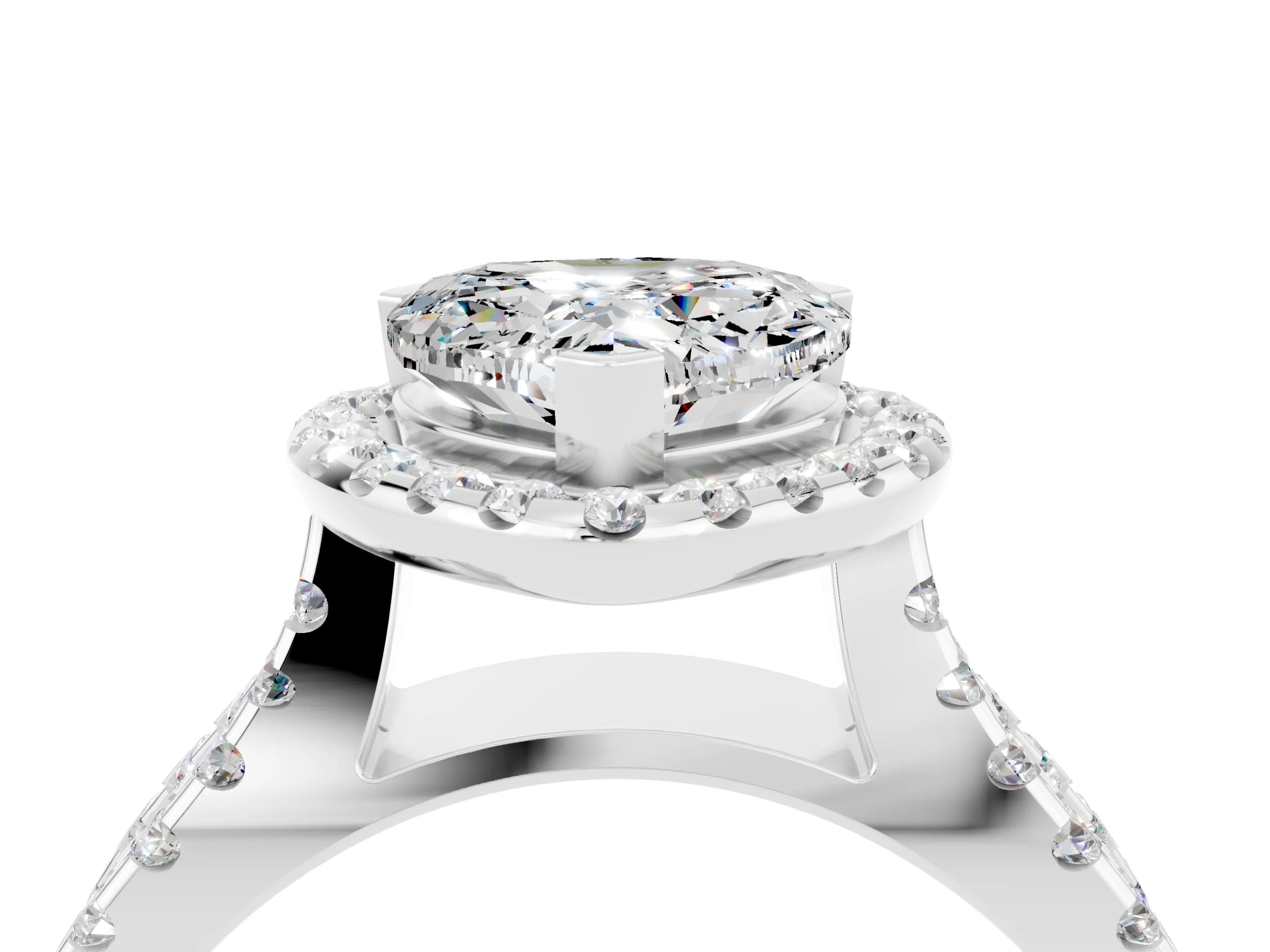 White gold Heart Cut Moissanite Halo Ring with Split Shank Pavé Band and Prong Setting_4