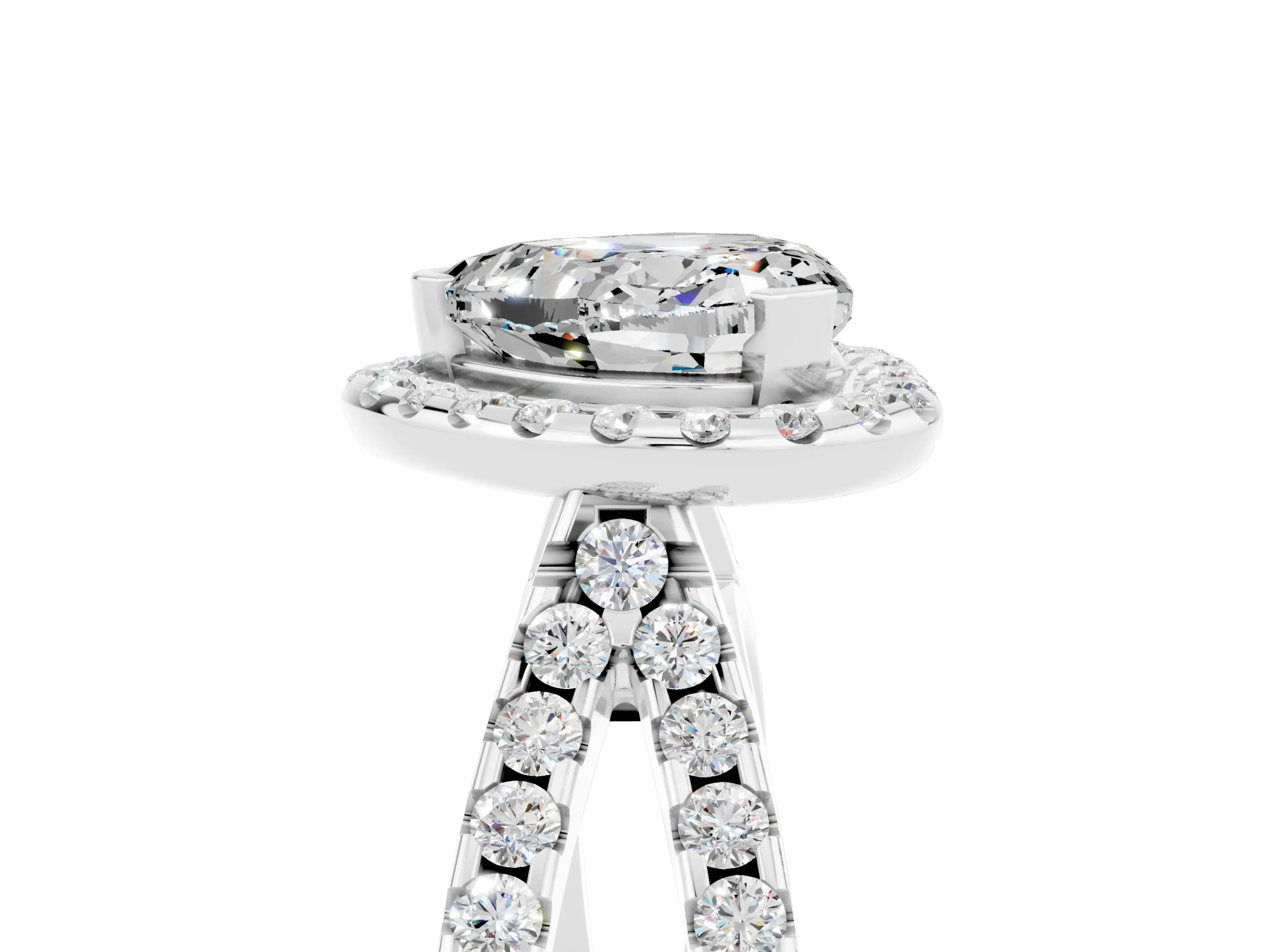 White gold Heart Cut Moissanite Halo Ring with Split Shank Pavé Band and Prong Setting_5