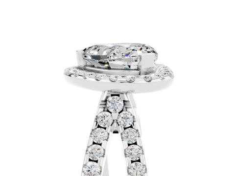 White gold Heart Cut Moissanite Halo Ring with Split Shank Pavé Band and Prong Setting_5