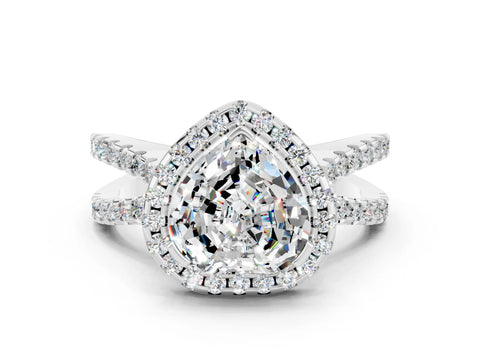 White gold Heart Cut Moissanite Halo Ring with Split Shank Pavé Band and Prong Setting
