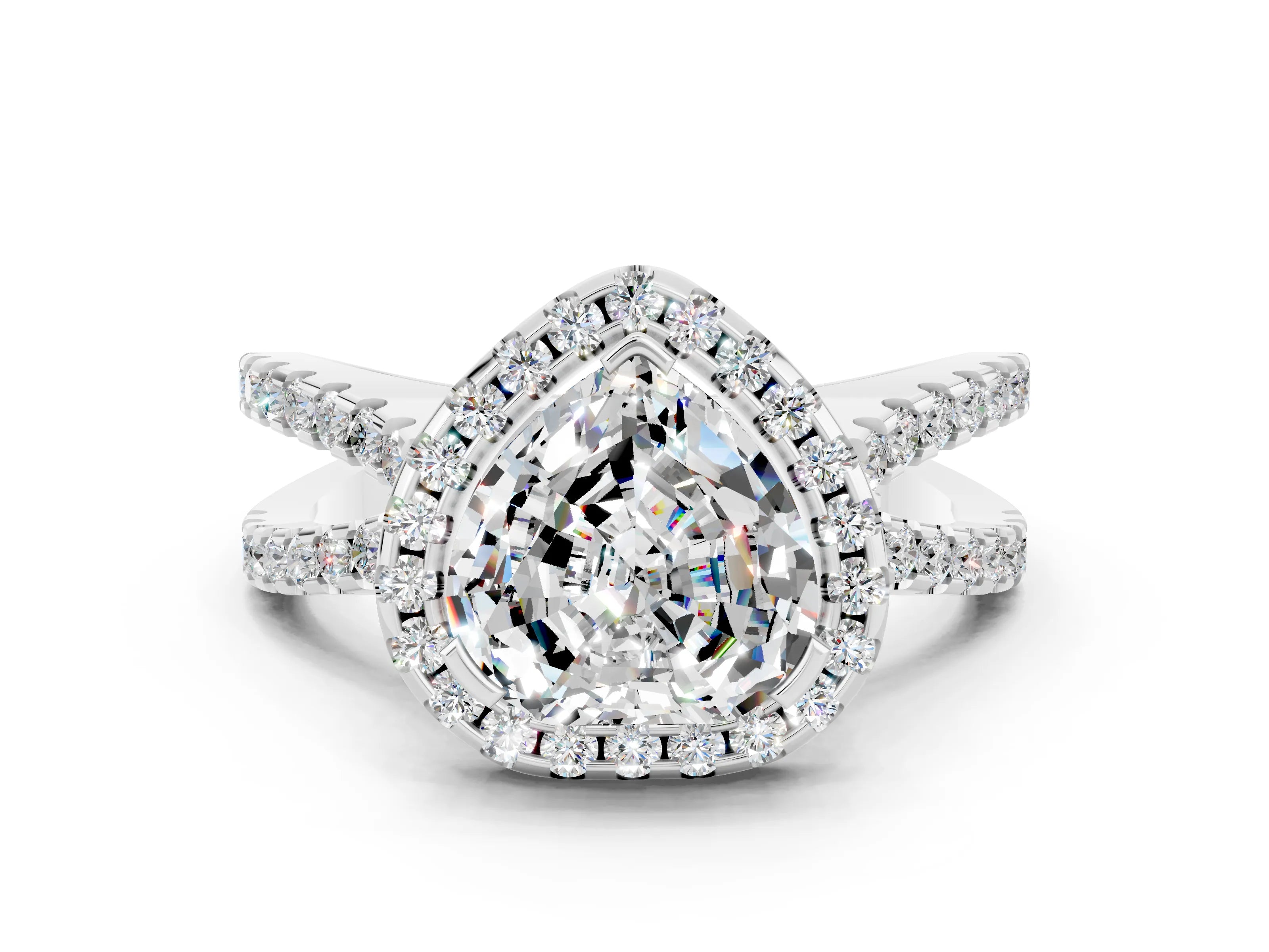White gold Heart Cut Moissanite Halo Ring with Split Shank Pavé Band and Prong Setting