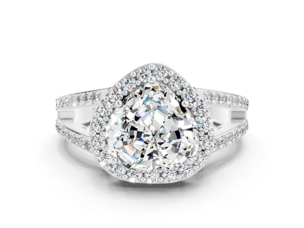 Platinum Heart Cut Moissanite Halo Ring with Split Shank U-Prong Band and Four-Prong Setting