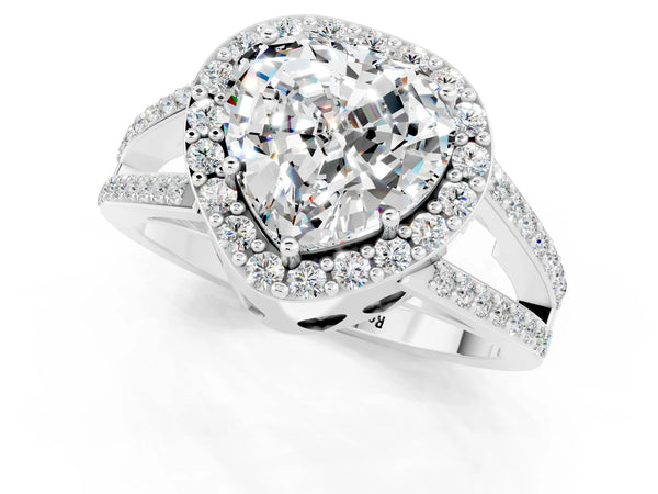 Platinum Heart Cut Moissanite Halo Ring with Split Shank U-Prong Band and Four-Prong Setting