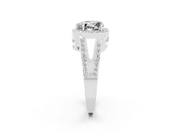 White gold Heart Cut Moissanite Halo Ring with Split Shank U-Prong Band and Four-Prong Setting