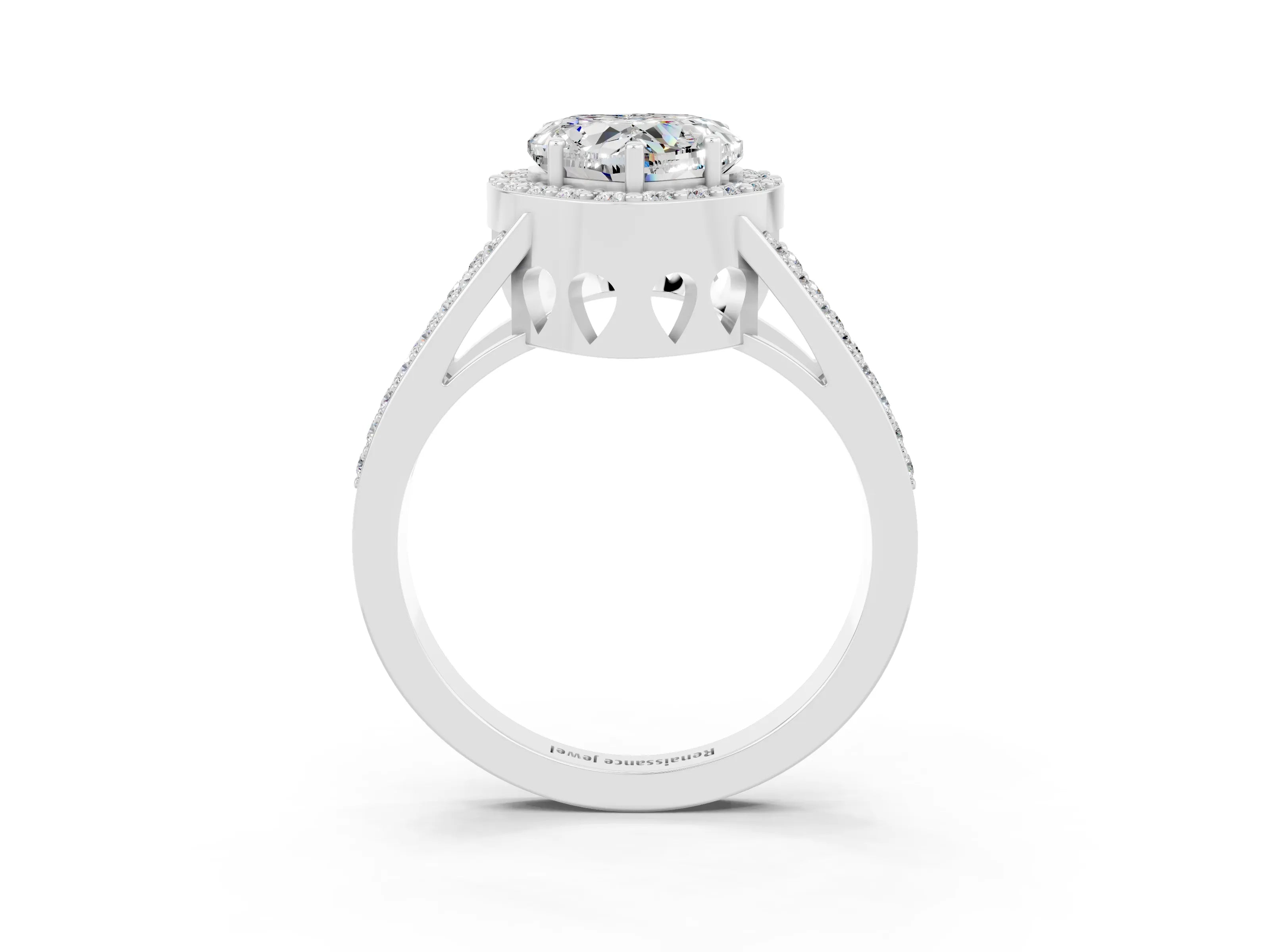 White gold Heart Cut Moissanite Halo Ring with Split Shank U-Prong Band and Four-Prong Setting_3