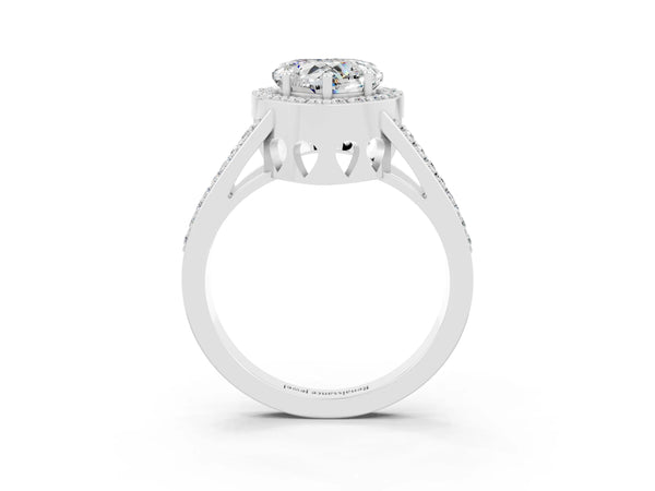 Silver Heart Cut Moissanite Halo Ring with Split Shank U-Prong Band and Four-Prong Setting