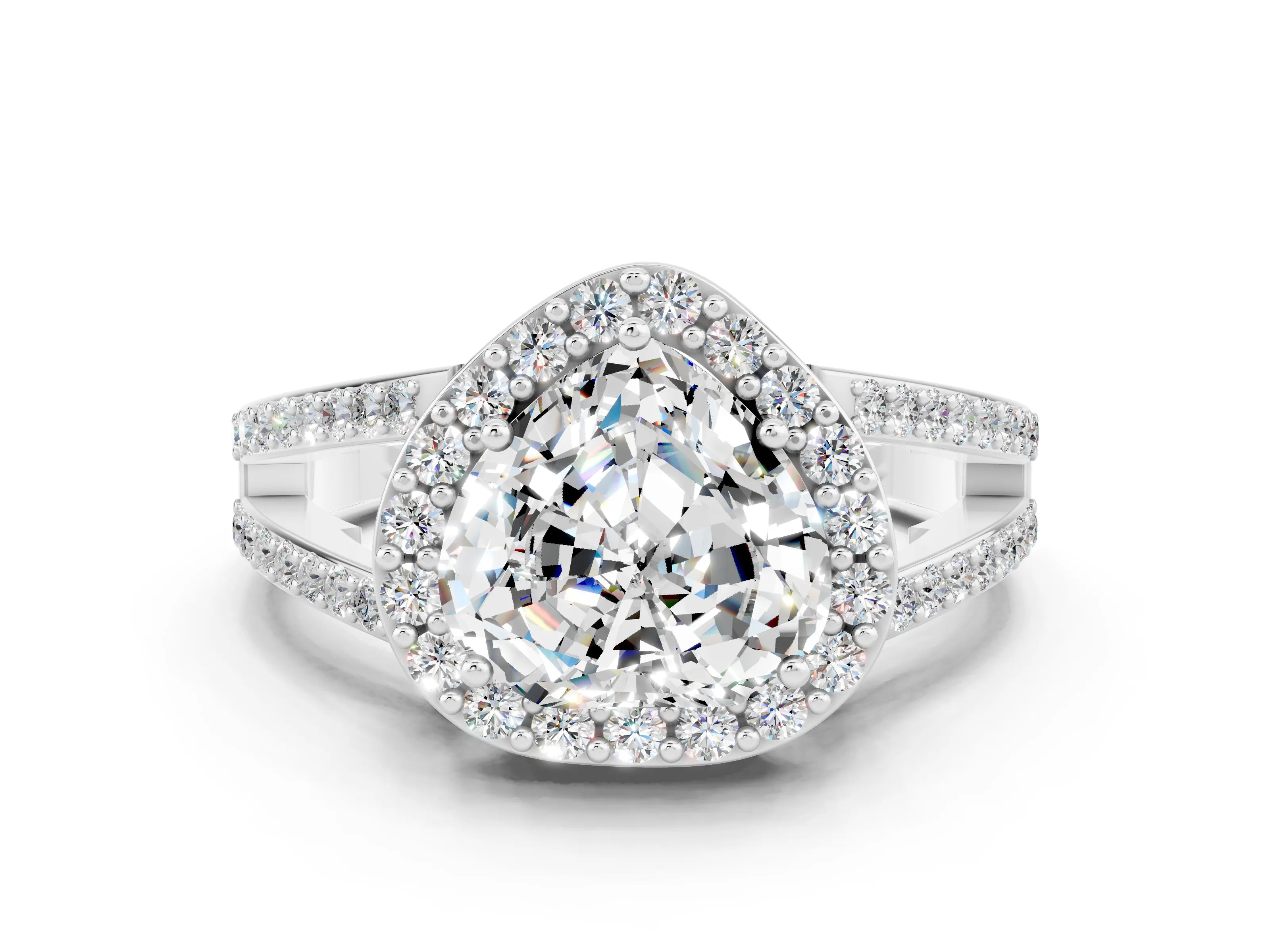 White gold Heart Cut Moissanite Halo Ring with Split Shank U-Prong Band and Four-Prong Setting