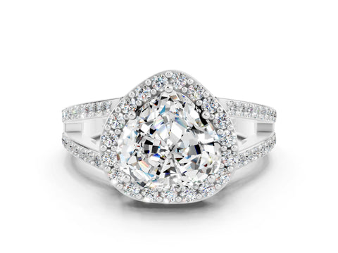 White gold Heart Cut Moissanite Halo Ring with Split Shank U-Prong Band and Four-Prong Setting