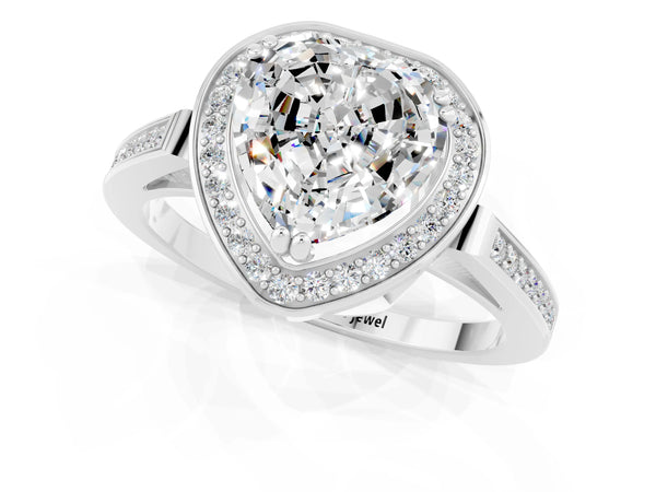 White gold Heart Cut Moissanite Halo Ring with Split Shank and Four-Prong Setting