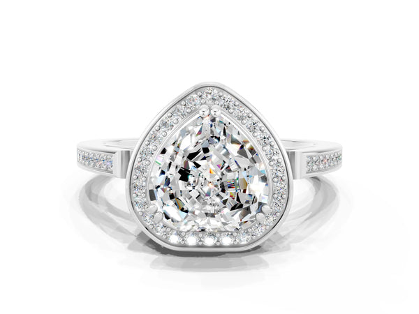 Platinum Heart Cut Moissanite Halo Ring with Split Shank and Four-Prong Setting