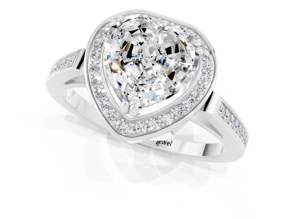 Platinum Heart Cut Moissanite Halo Ring with Split Shank and Four-Prong Setting