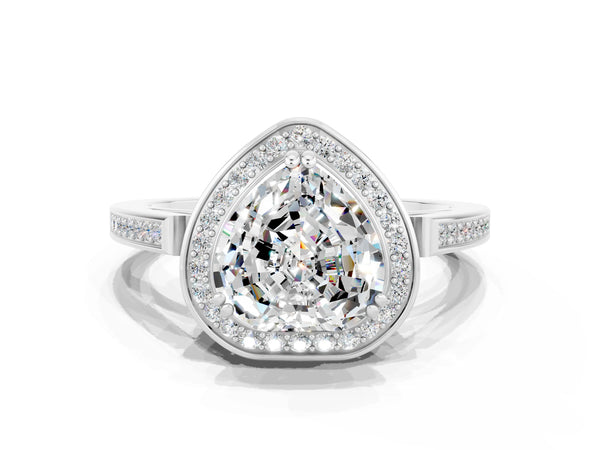 Silver Heart Cut Moissanite Halo Ring with Split Shank and Four-Prong Setting