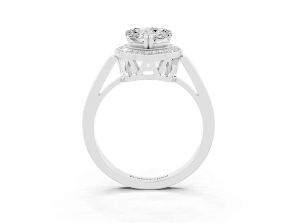 Silver Heart Cut Moissanite Halo Ring with Split Shank and Four-Prong Setting
