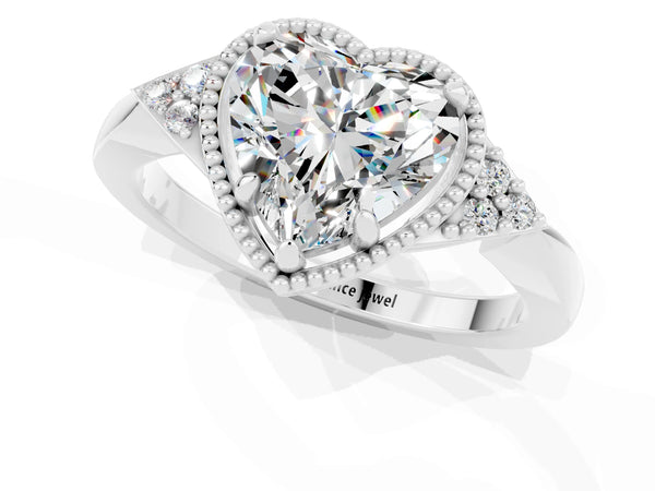 Silver Heart Cut Moissanite Halo Ring with Tapered Band and Four-Prong Setting