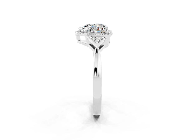 Silver Heart Cut Moissanite Halo Ring with Tapered Band and Four-Prong Setting
