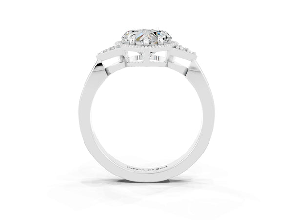 Silver Heart Cut Moissanite Halo Ring with Tapered Band and Four-Prong Setting