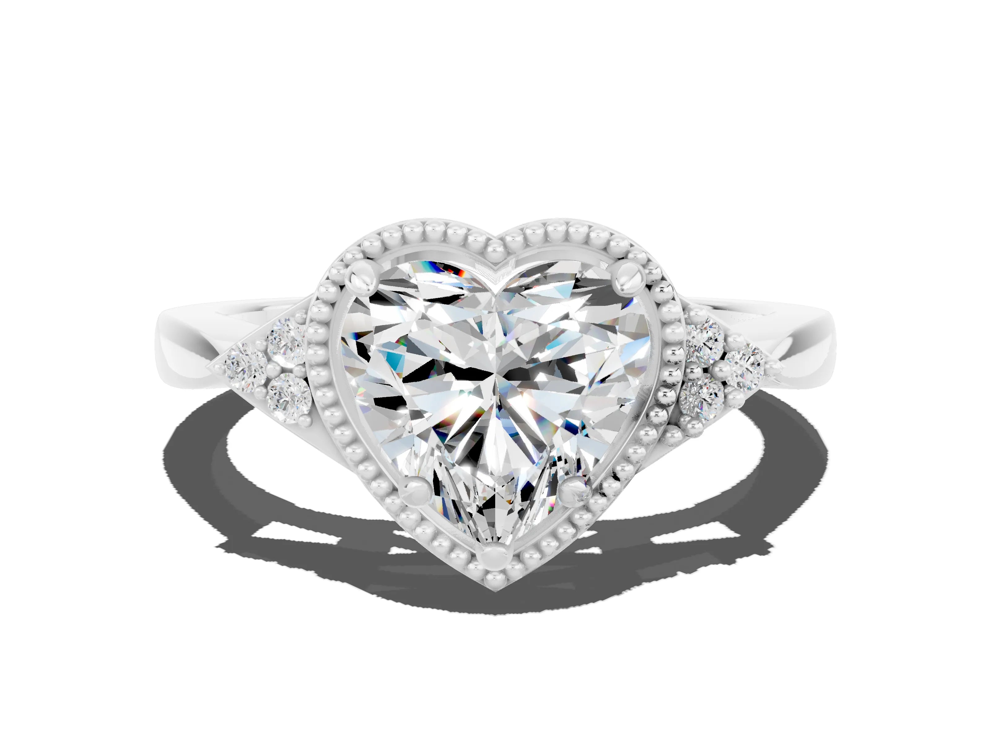 White gold Heart Cut Moissanite Halo Ring with Tapered Band and Four-Prong Setting
