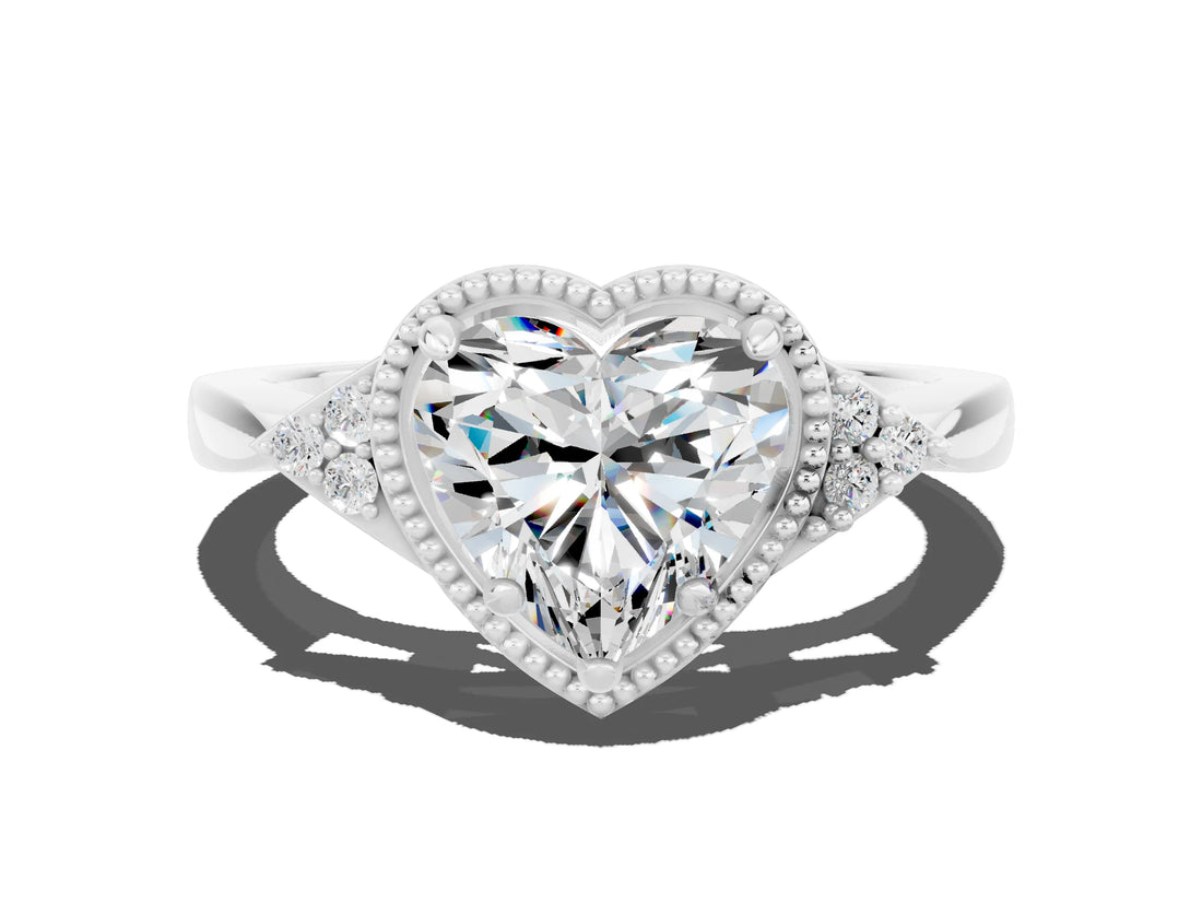 White gold Heart Cut Moissanite Halo Ring with Tapered Band and Four-Prong Setting
