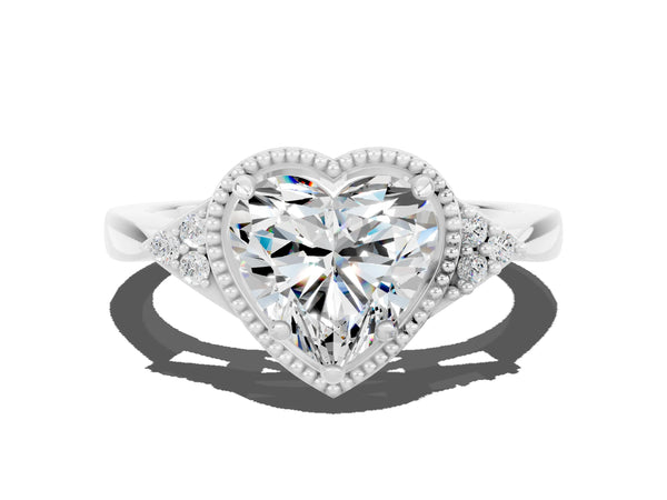 Silver Heart Cut Moissanite Halo Ring with Tapered Band and Four-Prong Setting