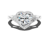 White gold Heart Cut Moissanite Halo Ring with Tapered Band and Four-Prong Setting